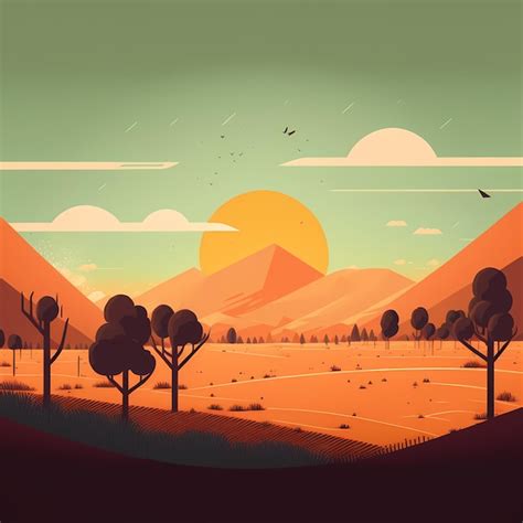 Premium Photo A Cartoon Of A Mountain Landscape With Trees And A Sunset