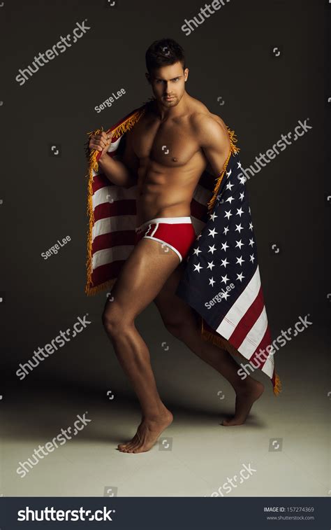 Naked Man American Flag Foto Stock Editar Agora