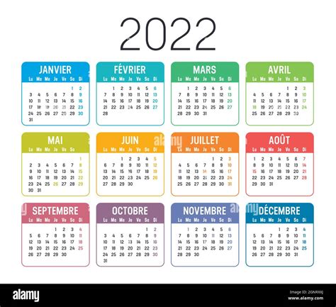 Calendrier Coloré De Lannée 2022 En Français Isolé Sur Fond Blanc