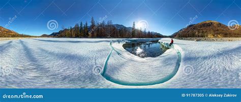 Cylindrical Panorama Of A Man On Ice Melting River Stock Image Image