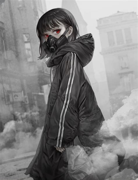 Wallpaper Anime Girls Red Eyes Black Hair Short Hair Gas Masks
