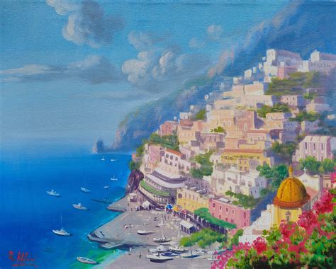 Positano Painting View Over The Sea Italian Canvas Oil Painter R