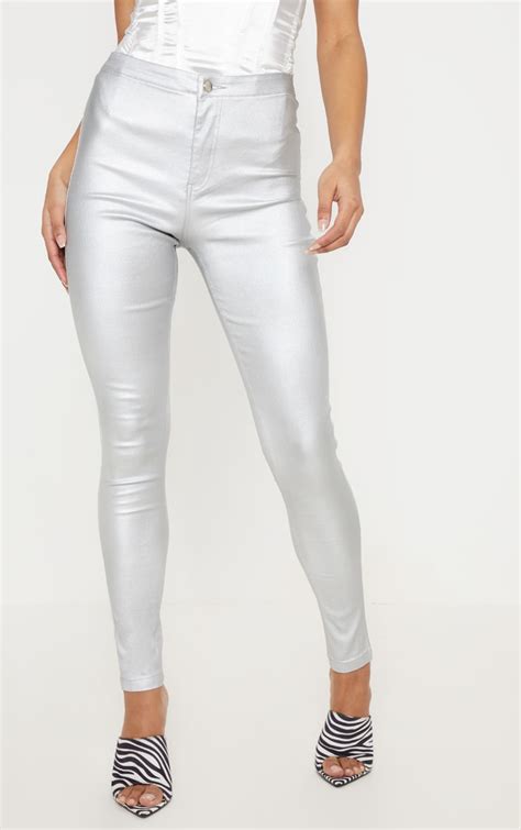 Silver Coated Denim Jeans Denim Prettylittlething Ca
