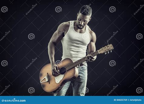 Muscular Black Man Playing Guitar Stock Image Image Of African