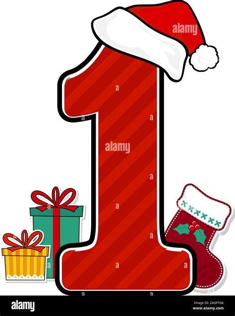 Number 1 With Red Santas Hat And Christmas Design Elements Isolated On