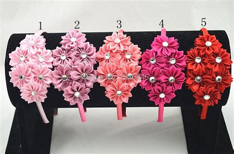 trail order satin ribbon flower hairband multilayers diy flower with crystal button headband