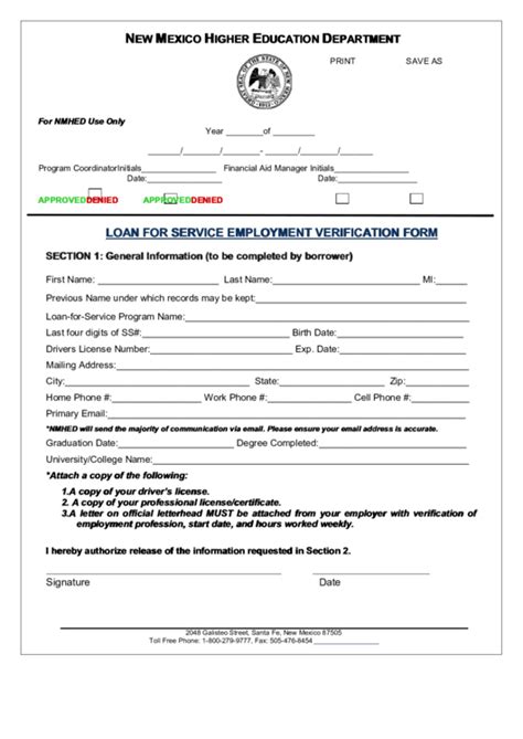 Fillable Loan For Service Employment Verification Form printable pdf