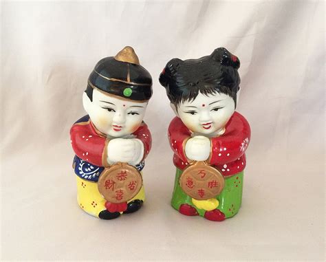 Vintage Chinese Jade Girl And Golden Boy Lucky Figurines Etsy