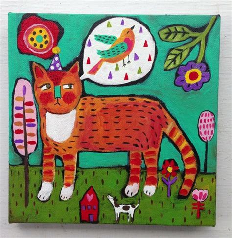 Folk Art Cat Painting On Canvas By Evesjulia12 On Etsy Folk Art