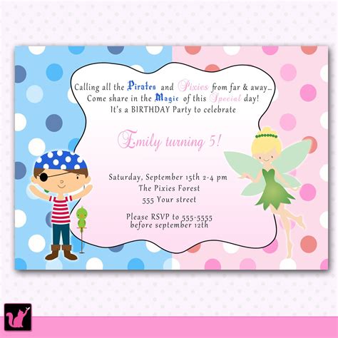 Printable Pirate Fairy Pixie Princess Birthday Party Invitations Polka