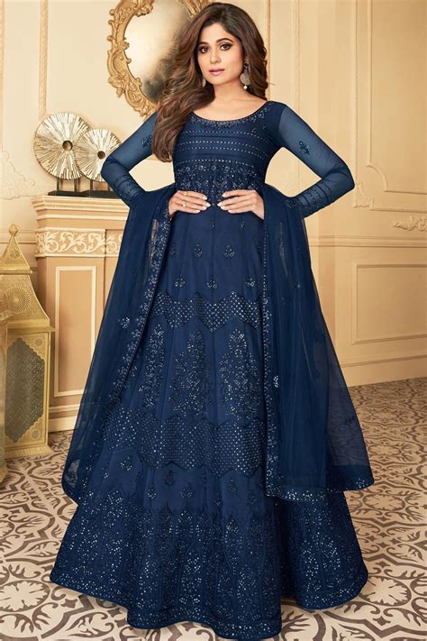 Buy Dark Blue Embroidered Anarkali Suit With Net Dupatta Online Like