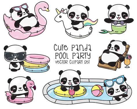 Premium Vector Clipart Kawaii Panda Cute Panda Pool Party Etsy
