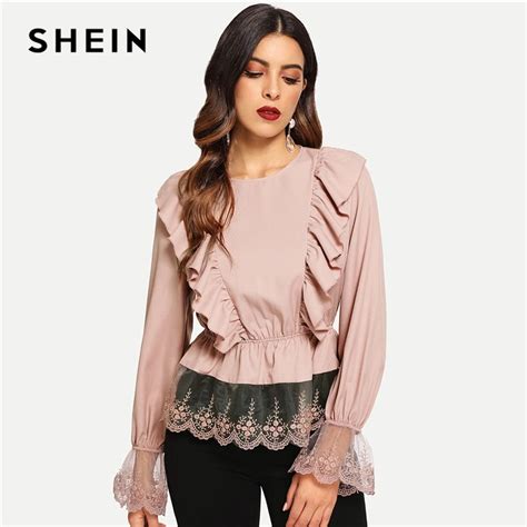 SHEIN Pink Ruffle Detail Lace Peplum Top Casual Pullover Round Neck