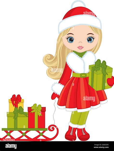 Beautiful Young Girl Pulling Sleigh With Christmas T Boxes Vector