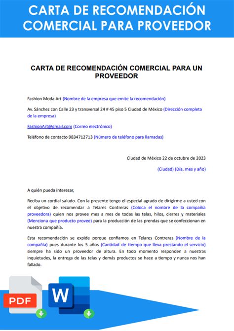 Ejemplos De Cartas De Recomendación Comercial En Word