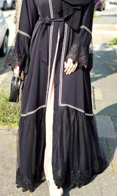 Jasmine Tulle Black Open Abaya Full Set Abaya Topia