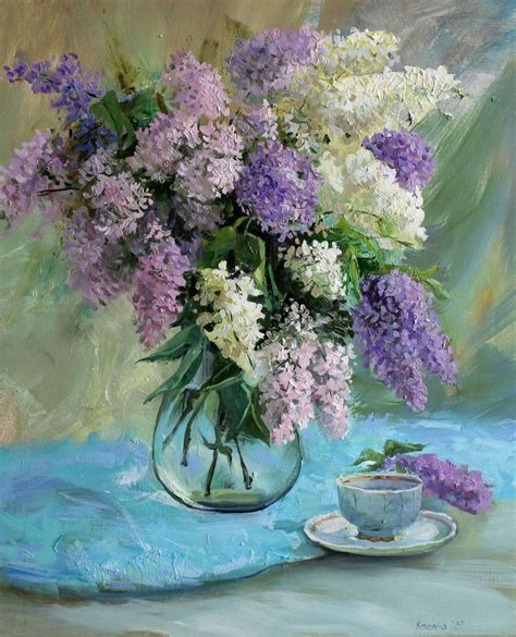 White Lilac Original Oil Painting Flowers Still Life Cup And Etsy