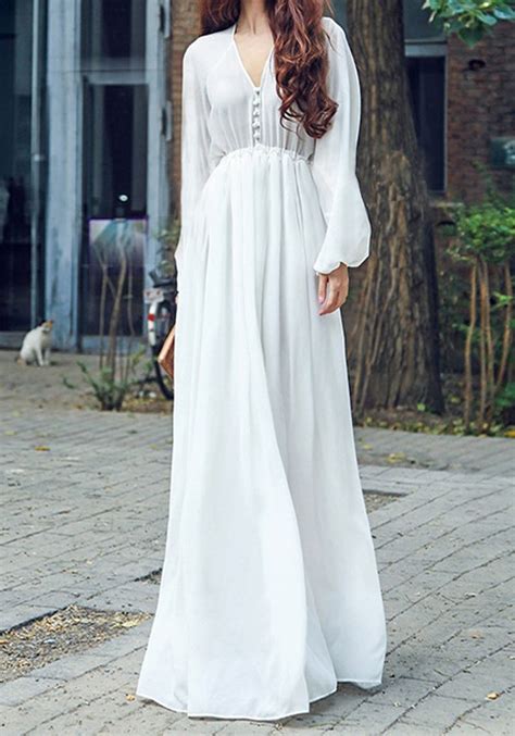 White Draped High Waisted Deep V Neck Long Sleeve Flowy Bohemian Beach