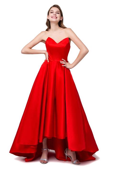 Satin Prom Dresses Strapless Hi Lo V Neck Aline Long Evening Formal Gowns With Pockets Red Size 4