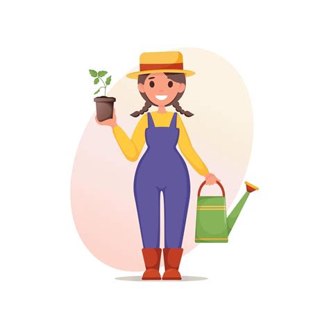 Cute Gardener Girl In Overalls And Straw Hat Holds Flower Pot With A