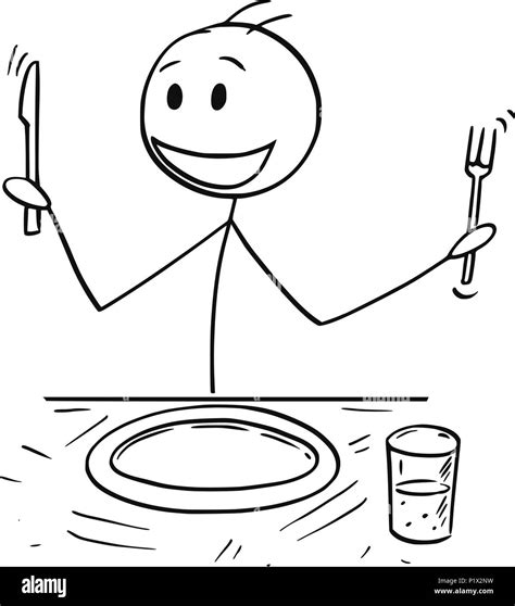 Cartoon Of Hungry Man With Fork And Knife Waiting For Food Stock Vector
