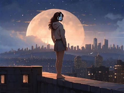 Premium Ai Image Sad Anime Girl Listening Music Lofi Night