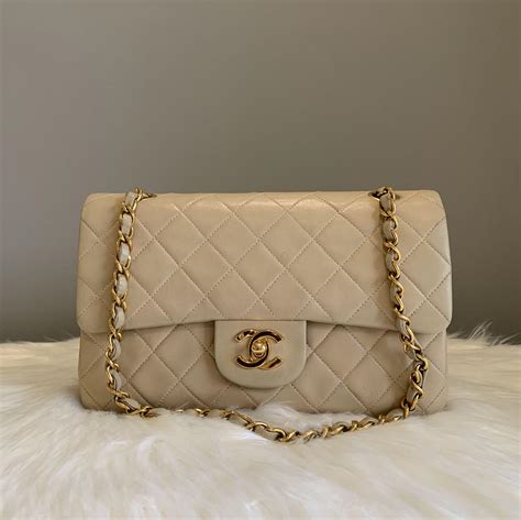 Full Set Chanel Classic Flap Small 23cm Beige Lambskin 24k Gold