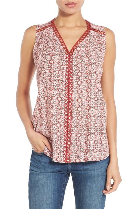 Pleione Embroidered Trim V Neck Sleeveless Blouse Nordstrom Casual