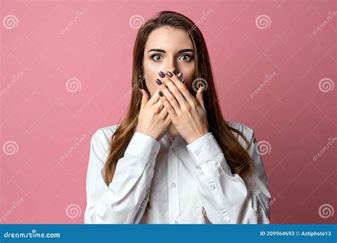 Portrait Of Scared Brunette Girl Hold Hands Near Mouth Trembling Fear
