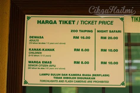 Harga tiket masuk saat ini berkisar rm44 (sekitar rp158 ribu) untuk wisatawan lokal dewasa, dan rm65 (rp230 ribuan) untuk wisatawan asing kawasan asean, sementara wisatawan yang berada di luar asean sebesar rm85 (setara. Pengalaman ke Zoo Taiping