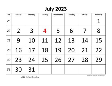 July 2023 Calendar Designed With Large Font Horizontal Free