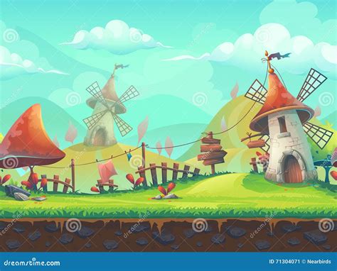 Seamless Cartoon Landscape With A Windmill Stock Vector Illustration