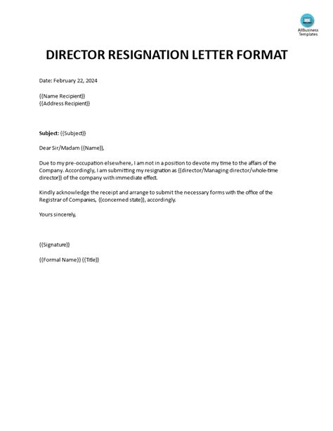 Kostenloses Director Resignation Letter Format