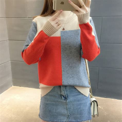 Fashion Cute Colorblock Sweater Women Winter Fall Pullovers Knitted