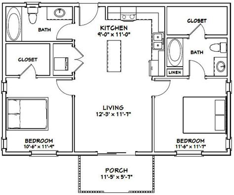 36x24 House 2 Bedroom 2 Bath 864 Sq Ft Pdf Floor Plan Instant Download Model 1c Etsy Guest