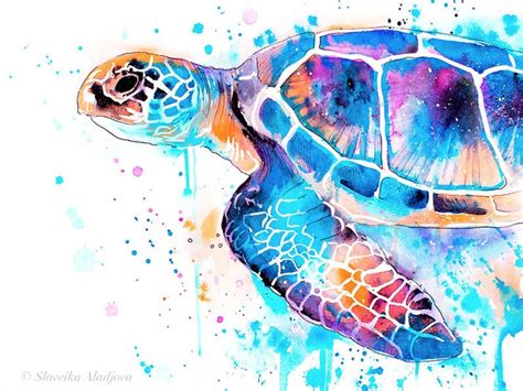 Blue Sea Turtle Watercolor Painting Print By Slaveika Etsy Sea