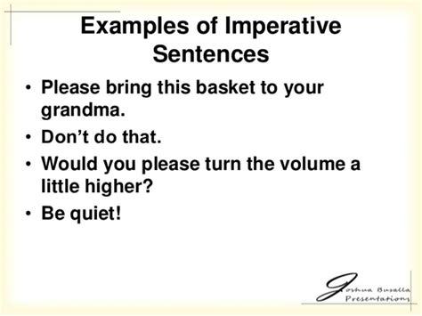 In case you've noticed that imperative sentences sometimes don't have a subject, you should know that they do, even if it's not actually written in the sentence. Imperative Sentences: Definition & Examples - ESLBuzz Learning English