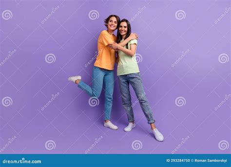 Full Body Photo Two Lesbians Couple Lovers Brunettes Cuddles Together Denim Jeans Basic T Shirt