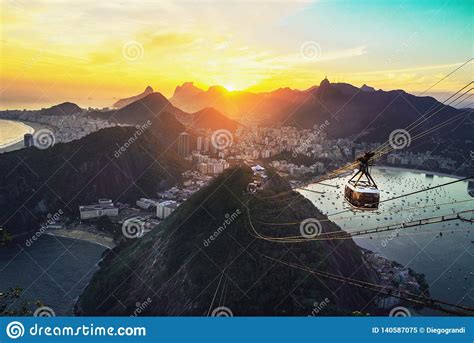 Aerial View Of Rio De Janeiro At Sunset With Urca And Sugar Loaf Cable