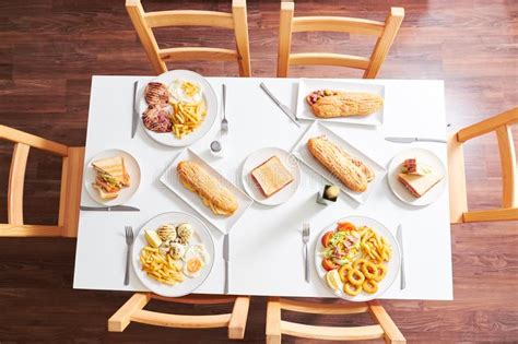 Overhead Shot Of Restaurant Table With Food Stock Photo Image Of