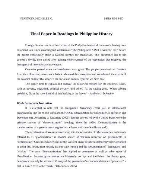 Pdf Final Paper In Readings In Philippine History