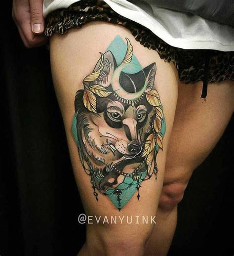 Lines may be curved, some thinner than others, and a more modern color palette can be used. Neo-Traditional Wolf Tattoo on Thigh | Best Tattoo Ideas ...