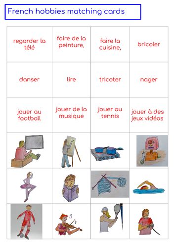 French Hobbies Matching Cards Teaching Resources