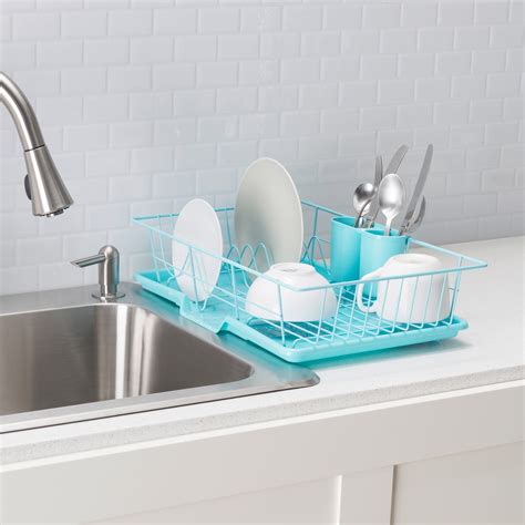 Home Basics 3 Piece Dish Drainer Set With Drip Tray Turquoise