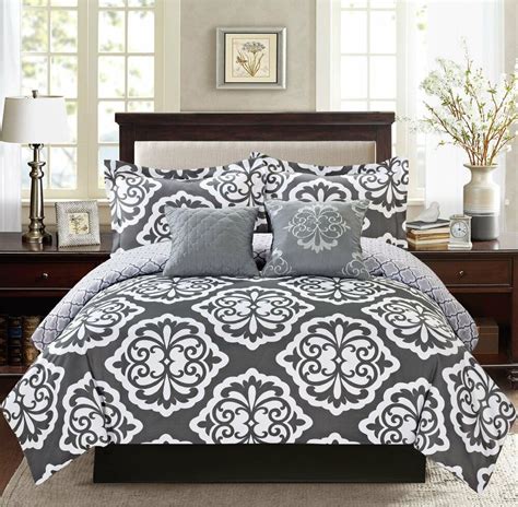 Set consists of one queen comforter, one queen bed skirt, two standard shams, two euro shams and two square deck pillows. King / Queen Comforter Bedding Set 5 Pc Gray Medallion ...