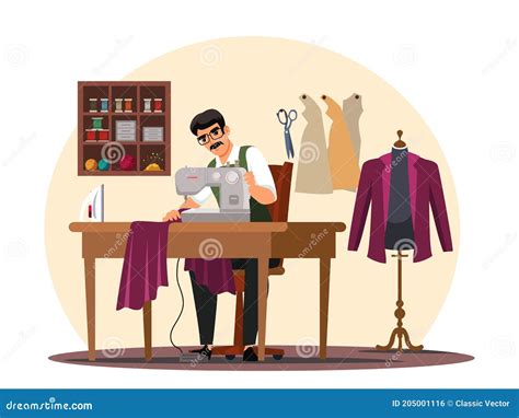 Vector Tailor Sewing On Machine At Atelier Studio Stock Vector