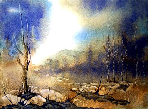Watercolor Painting Of Trees And Rocks In The Distance With Sun Shining