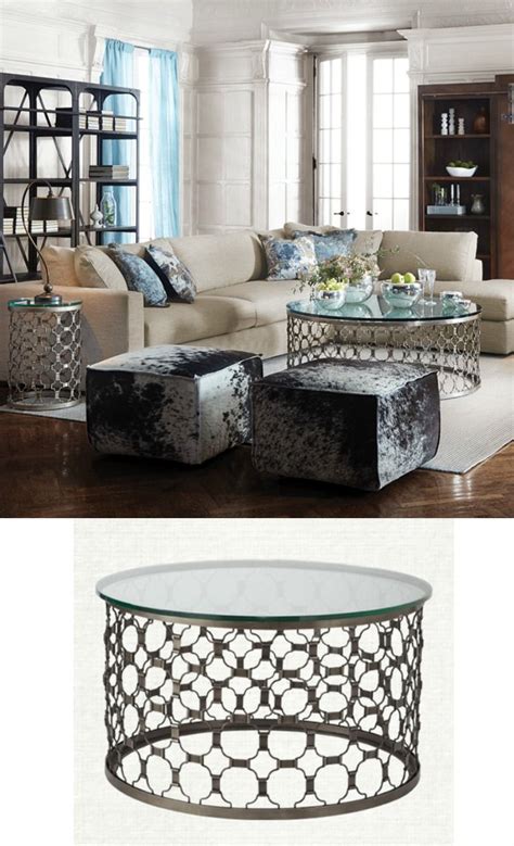 Beautiful furniture piece comes with solid oak legs. NAOMI round coffee table with glass top in pewter ...