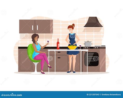Women Girlfriends Resting Together At Kitchen Girls Preparing Homemade Vegetable Salad And