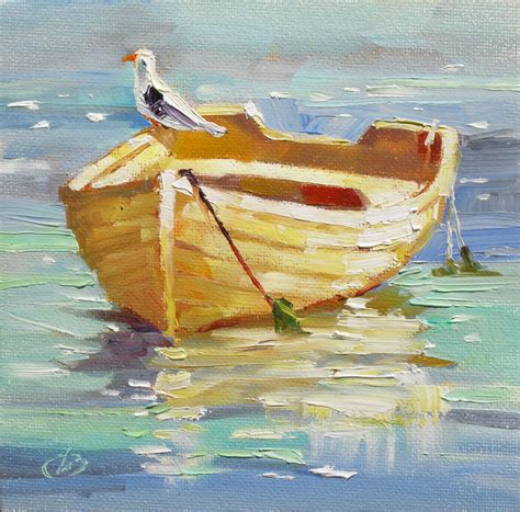 Tom Brown Fine Art Boat Sea Gull Harbor Colorful Impressionist Oil
